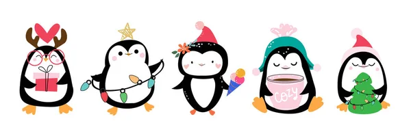 Conjunto Pinguins Natal Bonitos Estilo Cartoon Ilustração Vetorial Estilo Doodle — Vetor de Stock