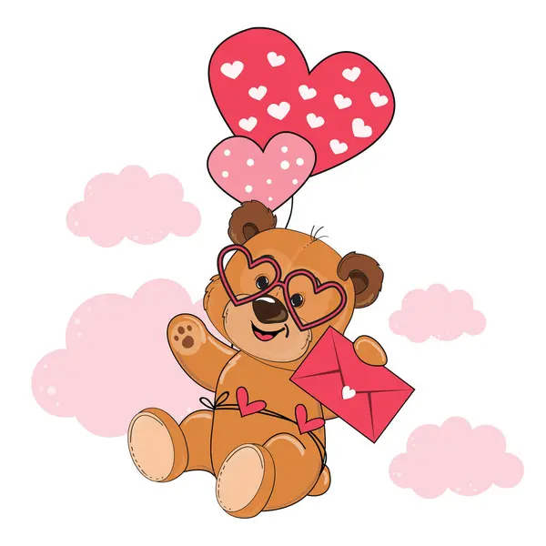 Teddy Bear Flying Balloons Vector Illustration Greeting Card Valentine Day — Stock Vector