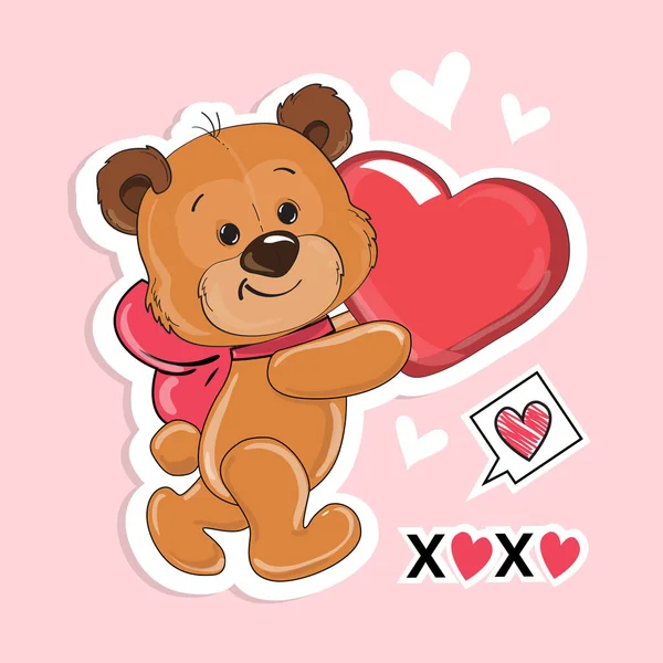 Niedźwiedź Walentynkowy Trzymający Serce Ilustracja Kreskówki Wektora Odznaki Moda Patch — Wektor stockowy