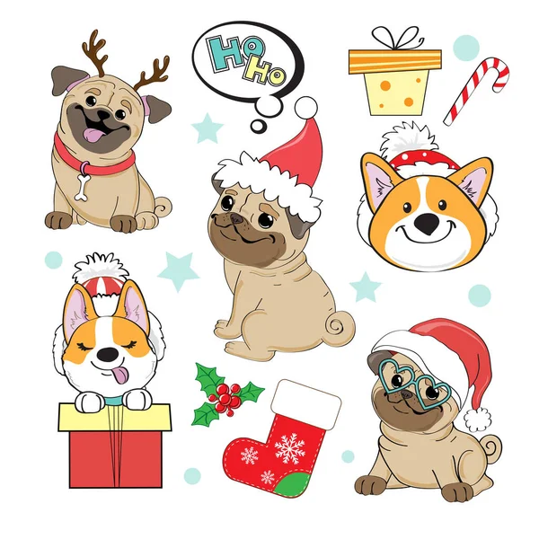 收集的病媒与圣诞节呕吐物和科吉犬在白色背景隔离 卡通明信片 — 图库矢量图片