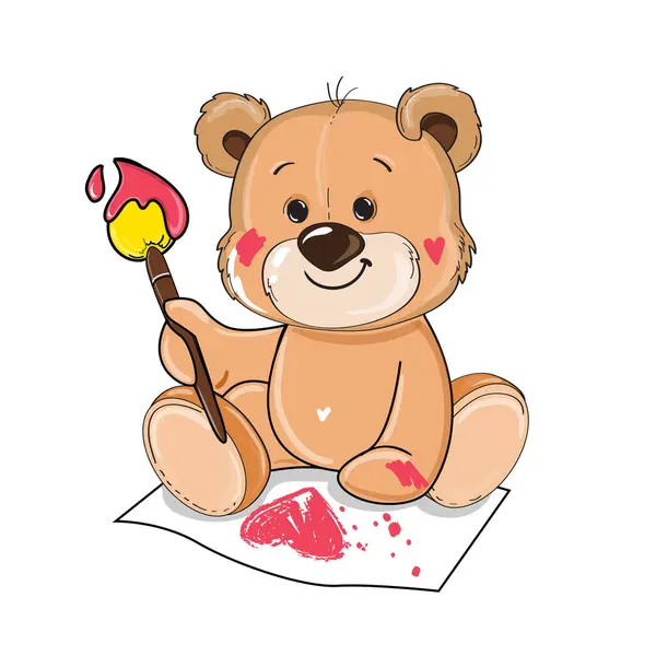Cute Cartoon Teddy Bear Drawing Heart White Background Isolated Vector — Stock Vector