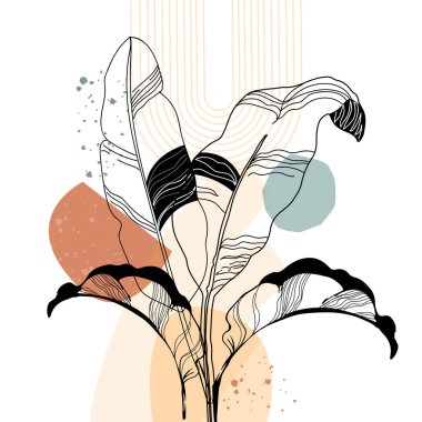 Duvar dekorasyonu için soyut palmiye yaprakları ve geometrik şekiller. Modern trend minimalist tarzda. Vektör illüstrasyonu 