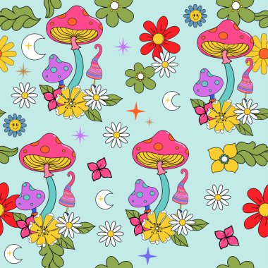 Renkli retro tarzı 70 'ler-90' lar çiçekleri, mantarlar ve kusursuz ay deseni. Tişört tasarımı, duvar kağıdı, kumaş ve kartlar için mükemmel.