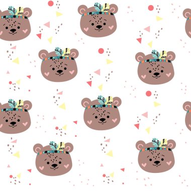 Sevimli ayı başı pürüzsüz desen. Vektör karikatür çizimi. Çocuk odası için Boho tarzı, tişört tasarımı, tebrik kartı