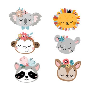 Boho tarzında şirin hayvan kafaları. Tişört tasarımı, bebek odası dekorasyonu, tebrik kartı, poster. Vektör çizimi. Koala, aslan, maymun, panda, fare