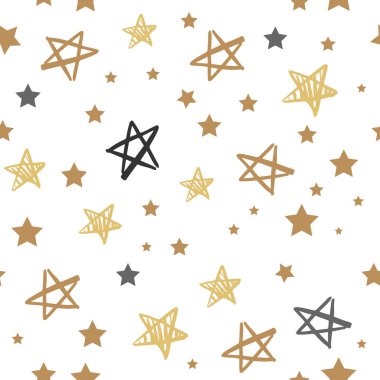 Altın yıldızlar kusursuz desen. Vektör çizimi. Paketleme, giysi ve tişört tasarımı. Doğum günü, Noel ve yeni yıl için yıldızlı gökyüzü