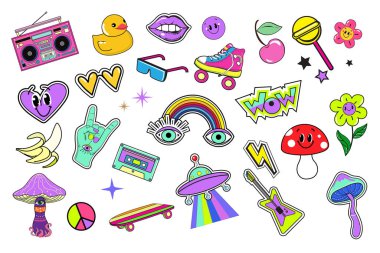 90 'ların modern yama etiketleri. Pop sanat, psikedelik baskı. Mantar, UFO, kasetler. Tişört tasarımı