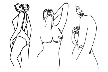 Çıplak kadınlar soyut sanat siluetini çizerler. Vektör çizimi. Eğilim minimalizmi