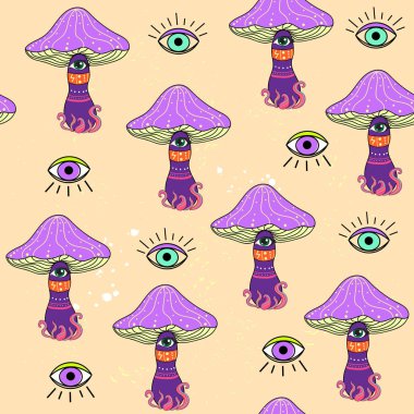 Retro 70 'lerin mantarları ve saykodelik gözler kusursuz desen. Ev tasarımı, kumaş, ambalaj ve tişört baskısı için mükemmel.