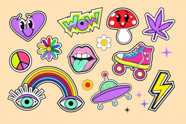 Çiçekler, gökkuşağı, dudaklar ve hippi tarzında mantarlı 70 'lerin psikedelik çıkartmaları. Posterler, çıkartmalar, tişört tasarımı için vektör illüstrasyonu