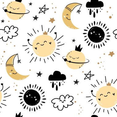 Eğim vektör gezegenleri, güneş, yıldızlar ve bulutlar kusursuz desen. Doodle tarzı. Giysi ve ambalaj için çocuk tasarımı