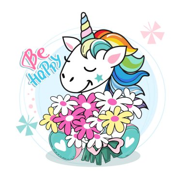 Çiçekli ve yazılı tek boynuzlu at beyaz arka planda mutlu olsun. Vektör çizgi film illüstrasyonu