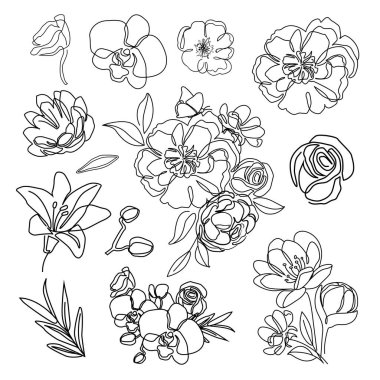 Vektör çizimi güzel çiçekler. Minimalizm eğilimi. Modern trend çizen bir çizgi. Moda, güzellik, tasarım, logo salonu