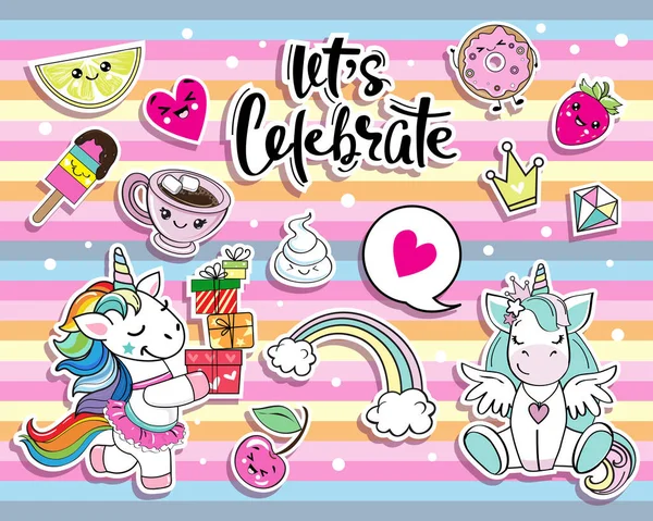 Doğum günü çıkartmaları ve üzerinde kawaii tarzı şirin tek boynuzlu atlar ve pastalar vardı. Vektör çizimi. Tişört tasarımı, tatil kartı
