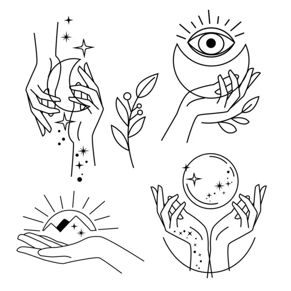 Coleção Ícones Logotipo Com Mãos Femininas Uma Ilustração Vetorial Linha — Vetor de Stock