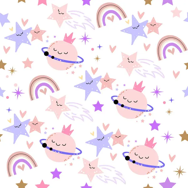 Funny Planet Rainbow Cute Stars Seamless Pattern Vector Design Packaging — Stock Vector