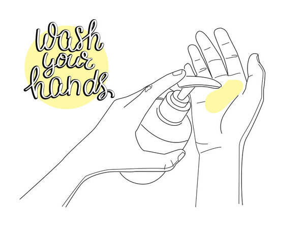 Hand washing with liquid soap on a white background. One line drawing. Coronavirus quarantine protection concept