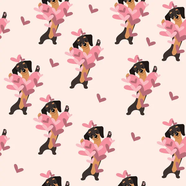 Dachshund köpeklerini ve kalplerini severim. Sevgililer Günü konsepti. Vektör karikatür çizimi