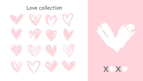 Różowa Kolekcja Ręcznie Rysowanych Serc Walentynki Ilustracja Wektora Izolowana — Wektor stockowy