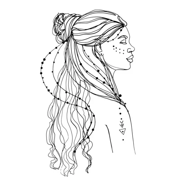 Retrato Una Chica Mágica Dibujo Dibujado Mano Concepto Meditación Equilibrio — Archivo Imágenes Vectoriales