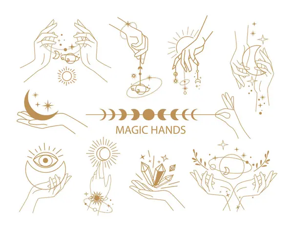 Set Icone Logo Con Mani Magiche Femminili Illustrazione Vettoriale Linea — Vettoriale Stock