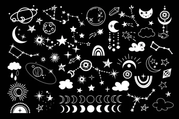 Space Planets Stars Collection Isolated Black Background Vector Illustration — Stock Vector