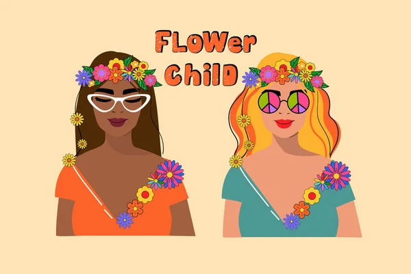 Zwei Hippie Mädchen Retro Stil Der 70Er Jahre Afroamerikanisch Und — Stockvektor