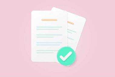 Görev tamamlanmıştır. Bir yığın kağıt çarşaf. Doğrulandı ya da onaylandı. Web sitesi, mobil uygulama, sunum ve diğer projeler için tasarım hazır. 3d vektör illüstrasyonu.