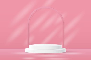3D ürün podyum platformu. 3D gerçekçi silindir kaide podyumu. Model ürün sergisi için asgari duvar sahnesi. 3d Vektör illüstrasyonu.