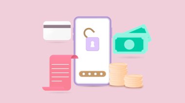 Akıllı telefondan veri güvenliği. Anahtarı ve şifresi açık olan bir cep telefonu. Para yığını, banknotlar ve kredi kartı. 3B Vektör İllüstrasyonu.