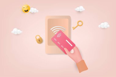 3D anahtar kart elinde. Erişim kontrolü. Kapıları açmak, kapatmak, kilitlemek ve açmak için elektronik sistem. Dokunmatik sensör. Sistem güvenliği, koruma. 3B Vektör İllüstrasyonu.