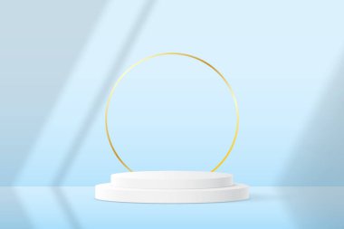 3D ürün podyum platformu. 3D gerçekçi silindir kaide podyumu. Model ürün sergisi için asgari duvar sahnesi. 3d Vektör illüstrasyonu.