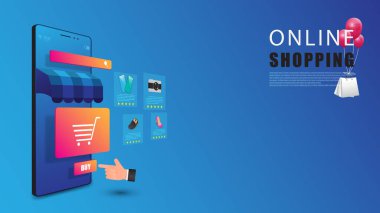 İnternetten alışveriş konsepti. Cep telefonu ve alışveriş uygulamasında el ile satın alma düğmesine tıklayın.