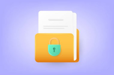 3D klasör ve asma kilit simgesi. Güvenlik verileri, güvenlik, şifreleme, koruma, gizlilik konsepti. 3d vektör illüstrasyonu.