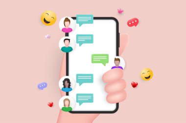 Cep telefonundan çevrimiçi sohbet mesajları. SMS konuşma baloncuklu akıllı telefonu tutan 3d vektör el, ekrandaki uyarılara basın, 3d vektör illüstratörü.