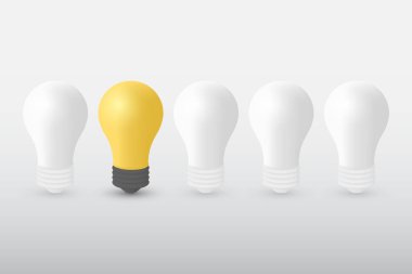 3d sıra ampul. Beyaz arka planda diğerlerinden ayrı duran sarı bir ampul. Liderlik konsepti. İş kavramı ve bireysellik kavramı. 3d vektör illüstrasyonu.