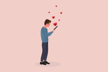 3D adam cep telefonu tutuyor ve kalpler akıllı telefondan uçuyor. 3d vektör çizici.