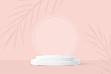 3D ürün podyum platformu. 3D gerçekçi silindir kaide podyumu. Model ürün sergisi için asgari duvar sahnesi. 3d Vektör illüstrasyonu.