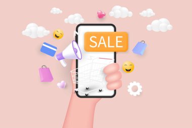 El ele tutuşan akıllı telefon. İndirimli afiş tasarımı olan bir alışveriş uygulaması. İnternetten alışveriş konsepti. 3B Vektör Resimleri.