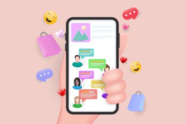 Değerlendirme derecesi olan mobil akıllı telefonu tutan eller. Yıldızları iyi ve kötü oranlarda ve mesajlarla gözden geçirir. 3d vektör illüstrasyonu.