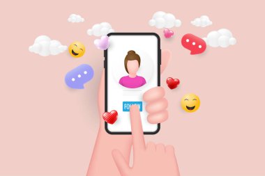 Akıllı telefonlarda sosyal medya uygulamaları. Çevrimiçi sosyal iletişim kavramı. Sosyal medya platformlarında Freind 'i takip et ya da ekle. 3B Vektör Resimleri.