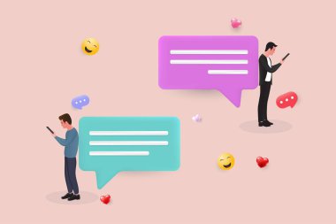 Sohbet mesajları akıllı telefon, cep telefonu ekranındaki Sms. Sohbet uygulaması ya da sosyal ağ kullanan bir mesaj. İki kişilik cep telefonu konuşmaları mesaj gönderiyor. 3d vektör illüstrasyonu.