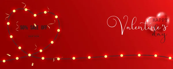 Valentinstag Plakat Oder Banner Elektrische Leitungen Werden Mit Glühbirnen Herzförmig — Stockvektor