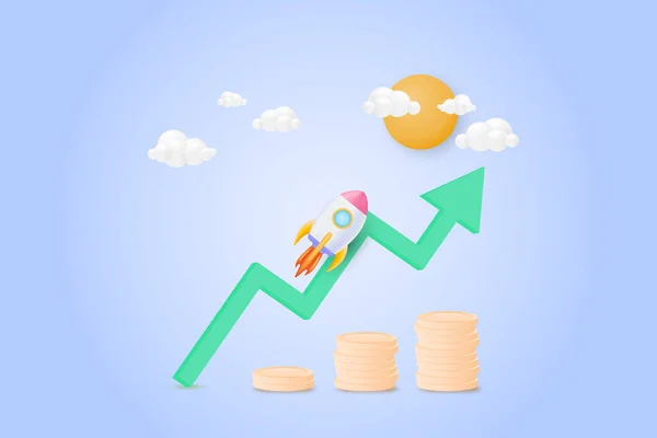 財政的成功と成長の概念 ロケット グリーンアップ矢印と背景にコインスタック 3Dベクトル図 — ストックベクタ