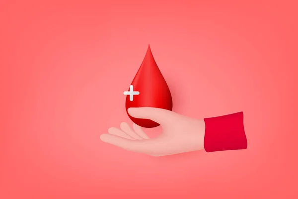 血液滴を保持する3D手 献血の概念 世界献血者デー 3Dベクトル図 — ストックベクタ