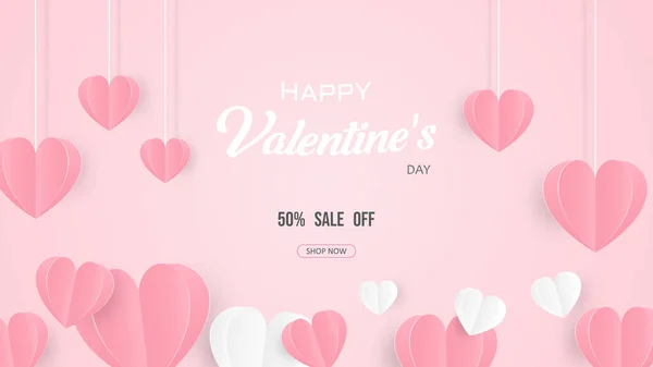 Плакат День Святого Валентина Баннер Бумажным Сердцем Розовом Красном Фоне — стоковый вектор
