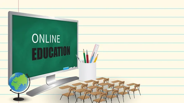 在线教育的概念 使用屏幕黑板在计算机上进行电子学习 通过申请或网站在线授课 在线教室 社会疏远的概念 — 图库矢量图片