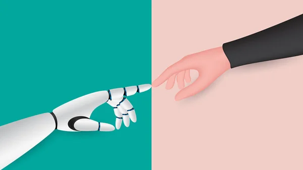 人工ロボットの手が人間の手に触れる — ストックベクタ