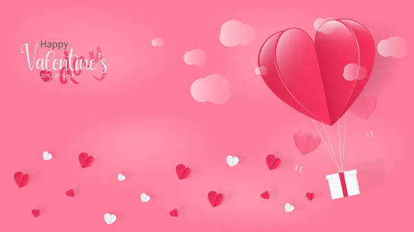 情人节卡片 海报或横幅纸制心脏气球和礼品盒飘扬在天空中 纸制心脏散落在空中 — 图库矢量图片