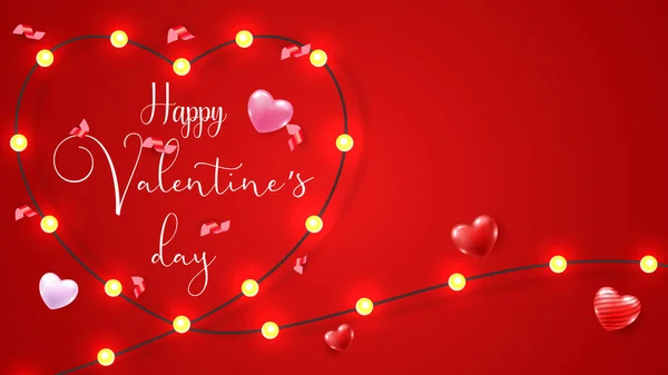 Valentinstag Plakat Oder Banner Elektrische Leitungen Werden Mit Glühbirnen Herzförmig — Stockvektor